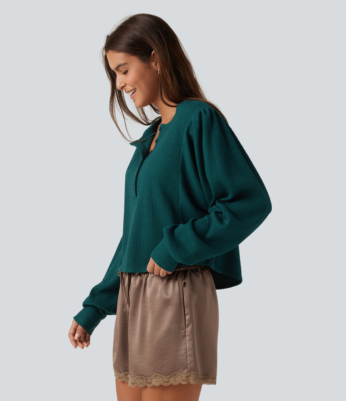 Henley Neck Long Sleeve Ruched Curved Hem Waffle Lounge Top — Dark Sea — view 3