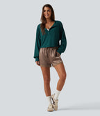 Henley Neck Long Sleeve Ruched Curved Hem Waffle Lounge Top — Dark Sea — view 6