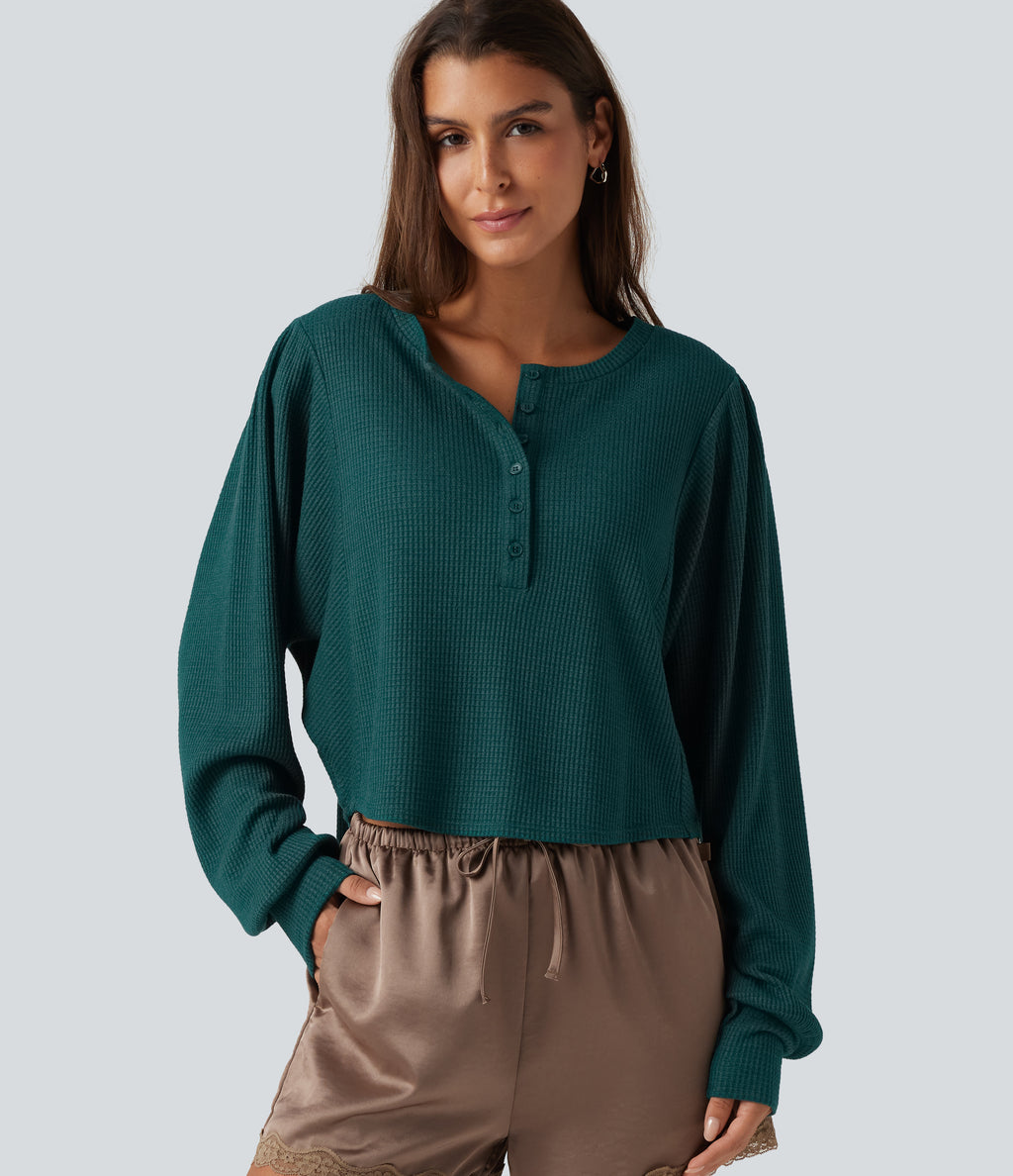 Henley Neck Long Sleeve Ruched Curved Hem Waffle Lounge Top — Dark Sea — view 1