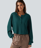Henley Neck Long Sleeve Ruched Curved Hem Waffle Lounge Top — Dark Sea — view 1
