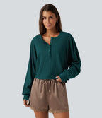 Henley Neck Long Sleeve Ruched Curved Hem Waffle Lounge Top — Dark Sea — view 4