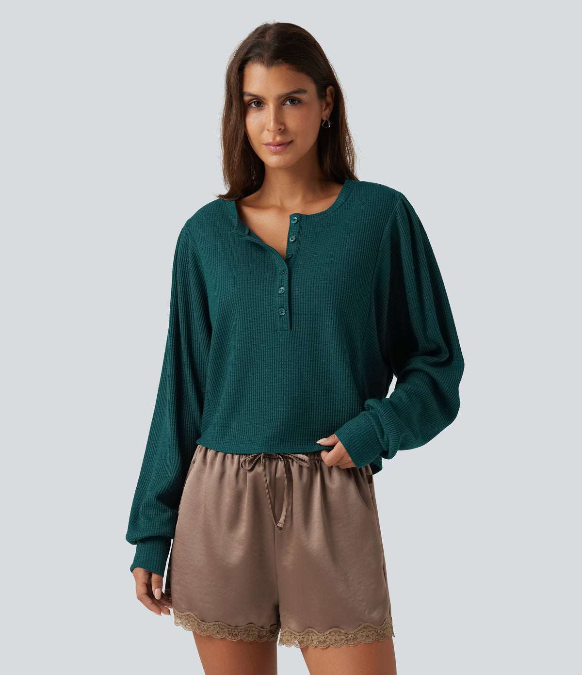 Henley Neck Long Sleeve Ruched Curved Hem Waffle Lounge Top — Dark Sea — view 4