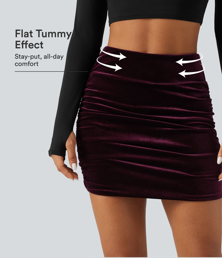 High Waisted Tummy Control Ruched 2-in-1 Bodycon Velvet Mini Party Skirt-Longer Length — Dusky purple — view 1