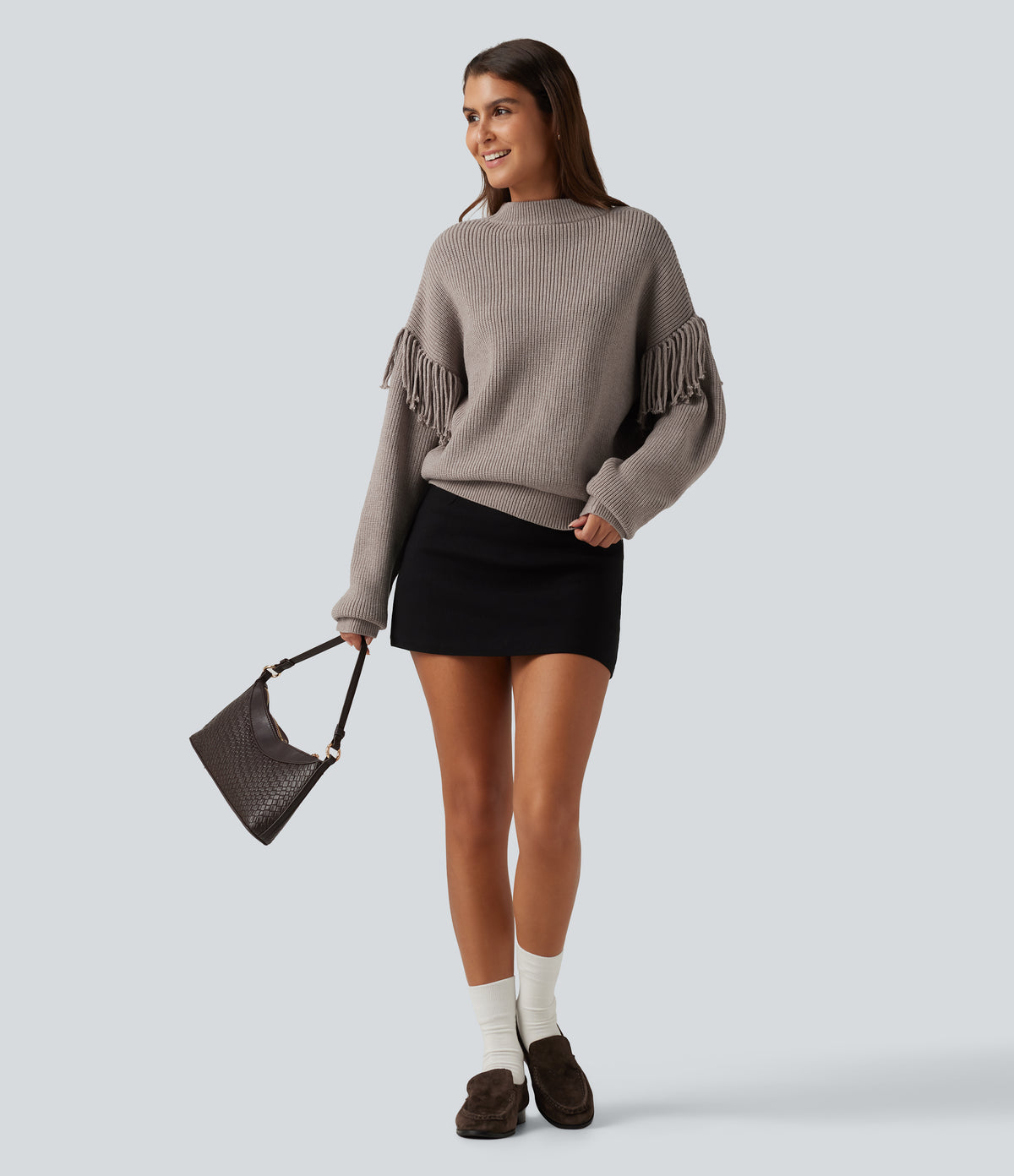 Round Neck Long Sleeve Fringe Work Jumper — Peyote — view 7
