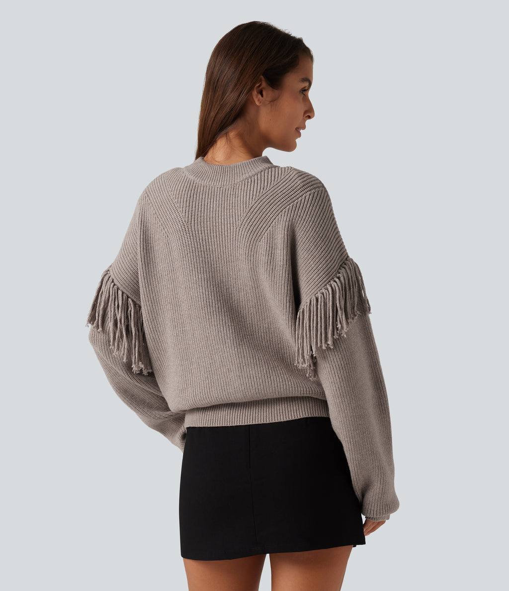 Round Neck Long Sleeve Fringe Work Jumper — Peyote — view 2