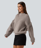 Round Neck Long Sleeve Fringe Work Jumper — Peyote — view 3