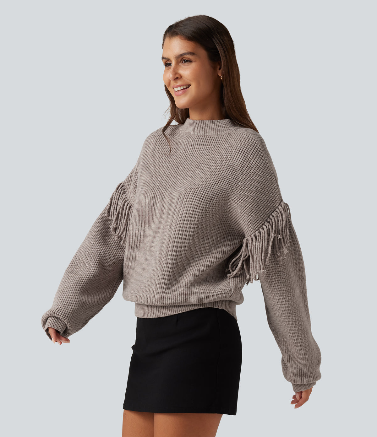 Round Neck Long Sleeve Fringe Work Jumper — Peyote — view 3