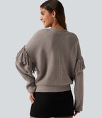 Round Neck Long Sleeve Fringe Work Jumper — Peyote — view 4