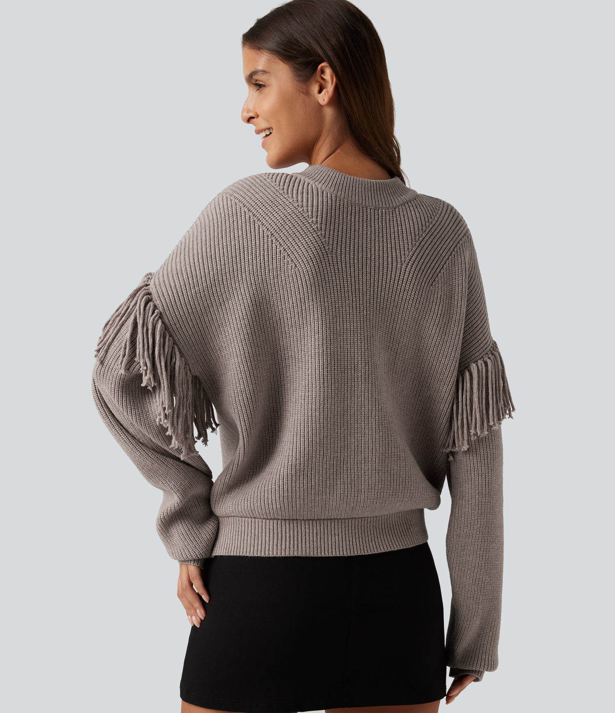 Round Neck Long Sleeve Fringe Work Jumper — Peyote — view 4