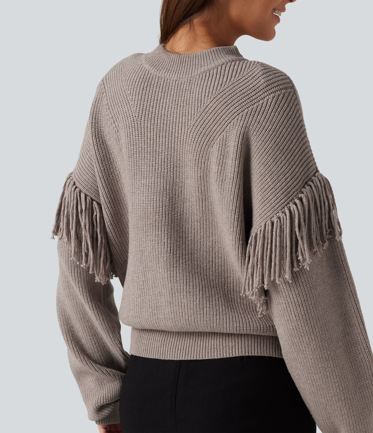 Round Neck Long Sleeve Fringe Work Jumper — Peyote — view 5
