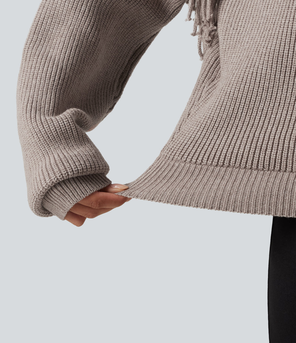 Round Neck Long Sleeve Fringe Work Jumper — Peyote — view 6
