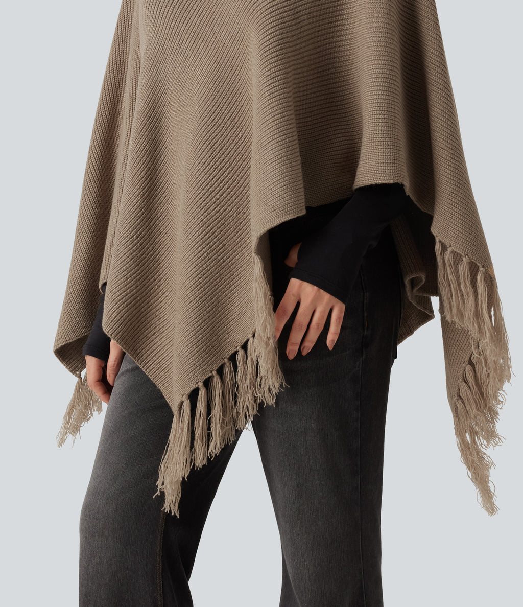 Boat Neck Fringe Poncho Cape Casual Jumper — Dark Reddish Brown — view 6
