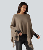 Boat Neck Fringe Poncho Cape Casual Jumper — Dark Reddish Brown — view 4