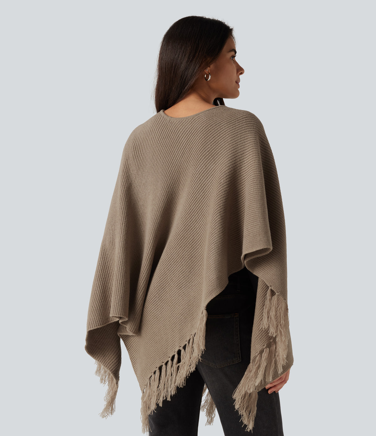 Boat Neck Fringe Poncho Cape Casual Jumper — Dark Reddish Brown — view 2