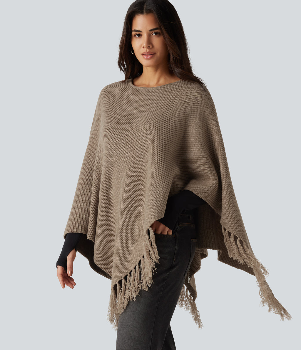 Boat Neck Fringe Poncho Cape Casual Jumper — Dark Reddish Brown — view 1