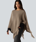 Boat Neck Fringe Poncho Cape Casual Jumper — Dark Reddish Brown — view 1