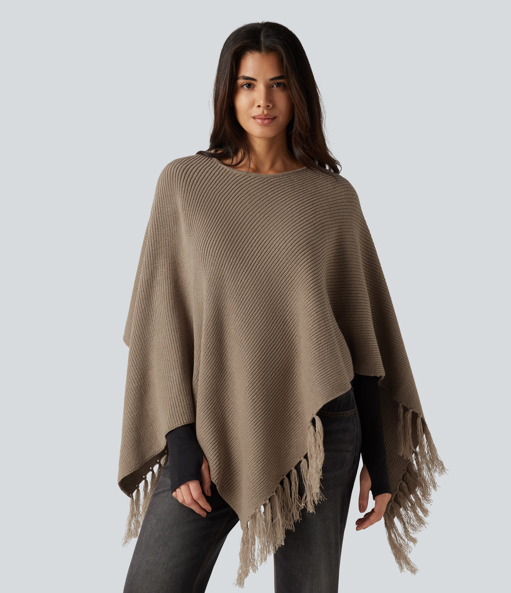 Boat Neck Fringe Poncho Cape Casual Jumper — Dark Reddish Brown — view 3