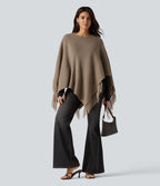 Boat Neck Fringe Poncho Cape Casual Jumper — Dark Reddish Brown — view 5