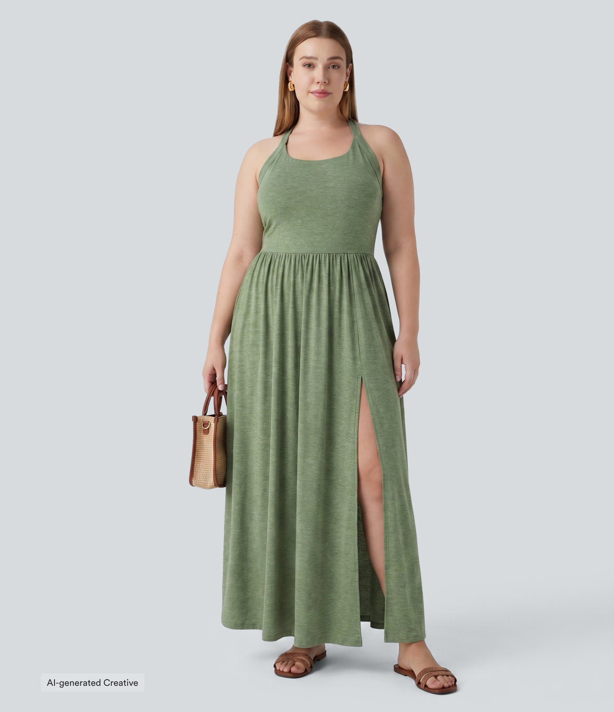 Plus Size Twisted Backless Split Flowy Maxi Resort Dress with Pockets — Light Green Floral Yarn — view 5