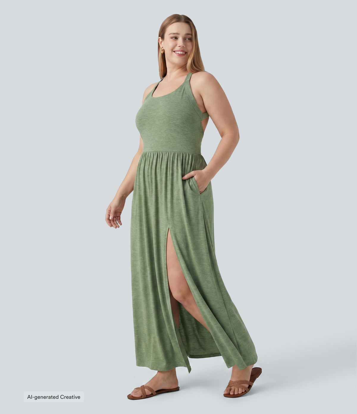 Plus Size Twisted Backless Split Flowy Maxi Resort Dress with Pockets — Light Green Floral Yarn — view 2