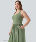 Plus Size Twisted Backless Split Flowy Maxi Resort Dress with Pockets — Light Green Floral Yarn — view 4