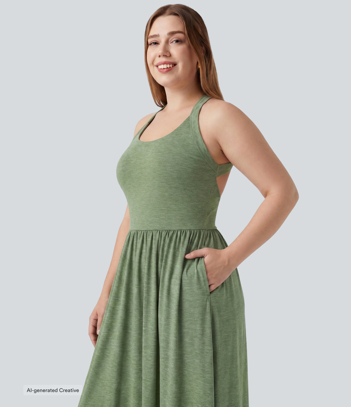 Plus Size Twisted Backless Split Flowy Maxi Resort Dress with Pockets — Light Green Floral Yarn — view 4