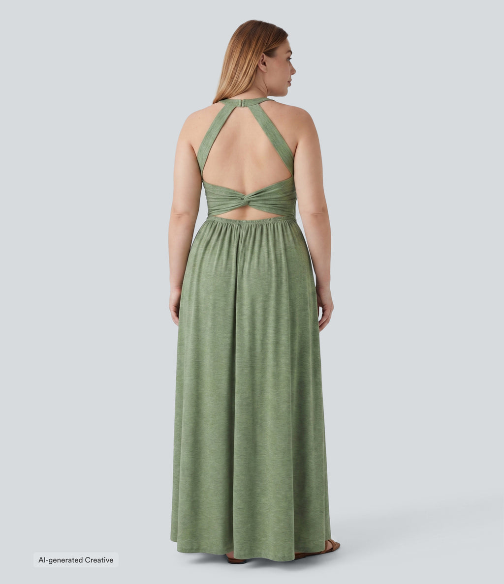 Plus Size Twisted Backless Split Flowy Maxi Resort Dress with Pockets — Light Green Floral Yarn — view 1