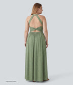Plus Size Twisted Backless Split Flowy Maxi Resort Dress with Pockets — Light Green Floral Yarn — view 1