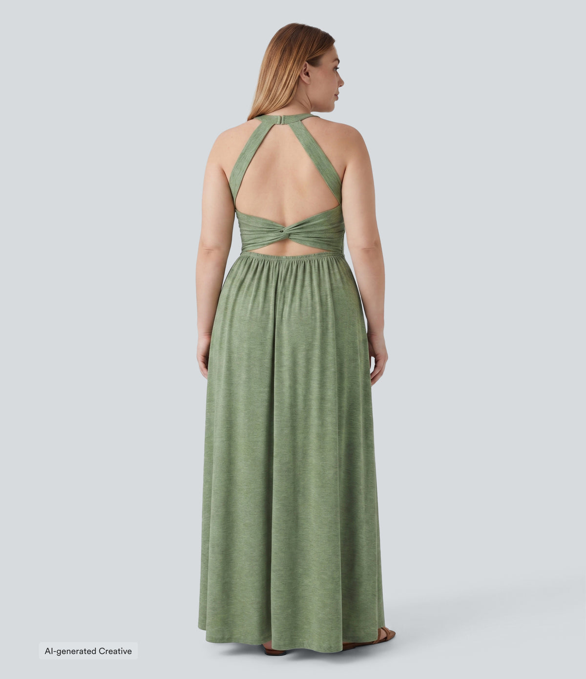 Plus Size Twisted Backless Split Flowy Maxi Resort Dress with Pockets — Light Green Floral Yarn — view 1