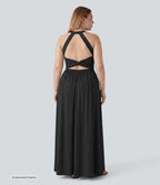 Plus Size Twisted Backless Split Flowy Maxi Resort Dress with Pockets — Black — view 6