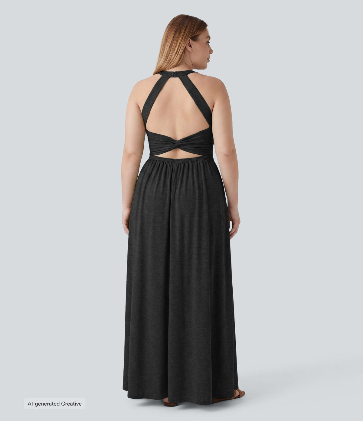Plus Size Twisted Backless Split Flowy Maxi Resort Dress with Pockets — Black — view 6