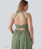 Plus Size Twisted Backless Split Flowy Maxi Resort Dress with Pockets — Light Green Floral Yarn — view 3