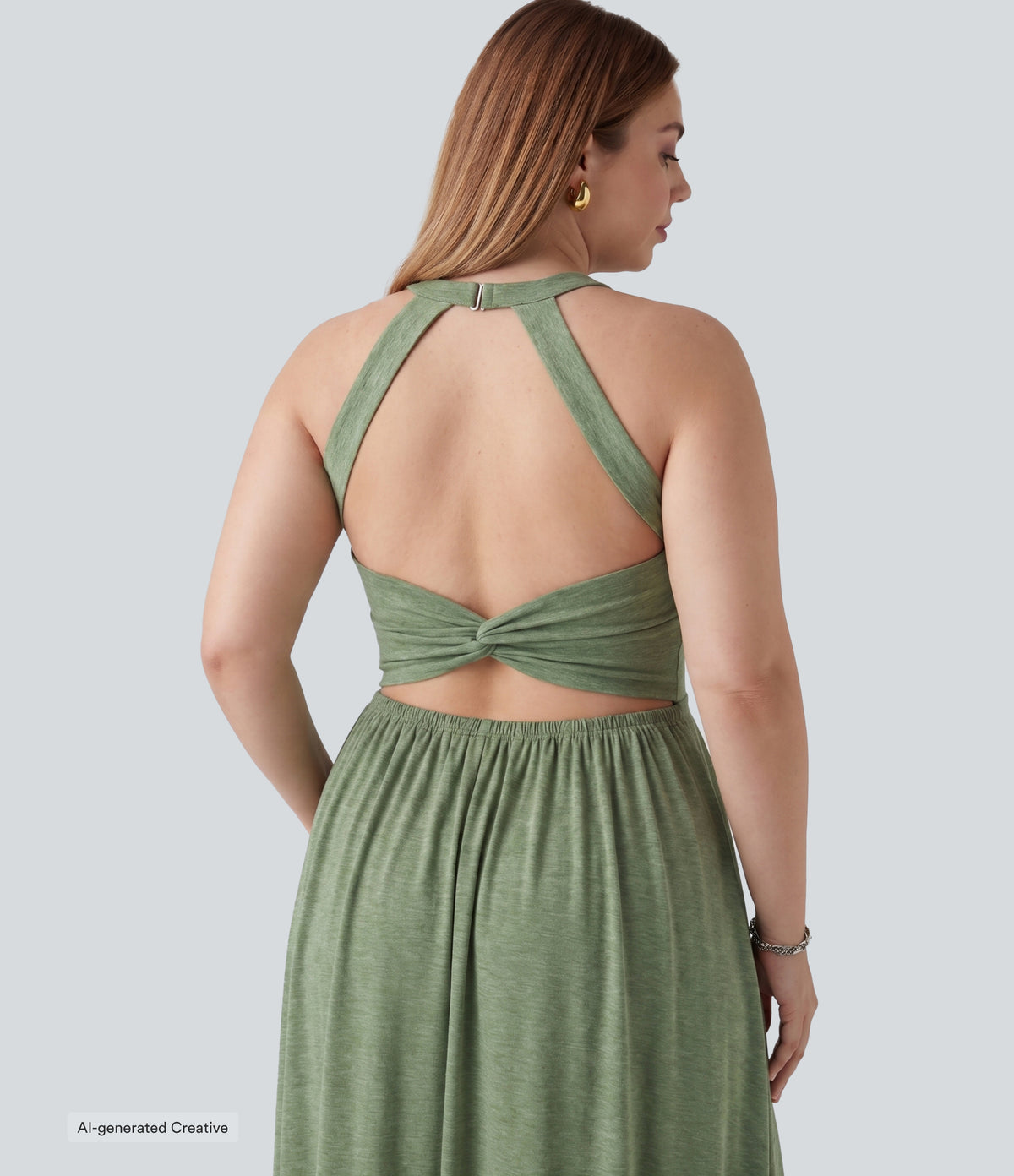 Plus Size Twisted Backless Split Flowy Maxi Resort Dress with Pockets — Light Green Floral Yarn — view 3