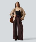 High Waisted Belted Wide Leg Baggy Work Trousers with Pockets — Red Mahogany — view 6