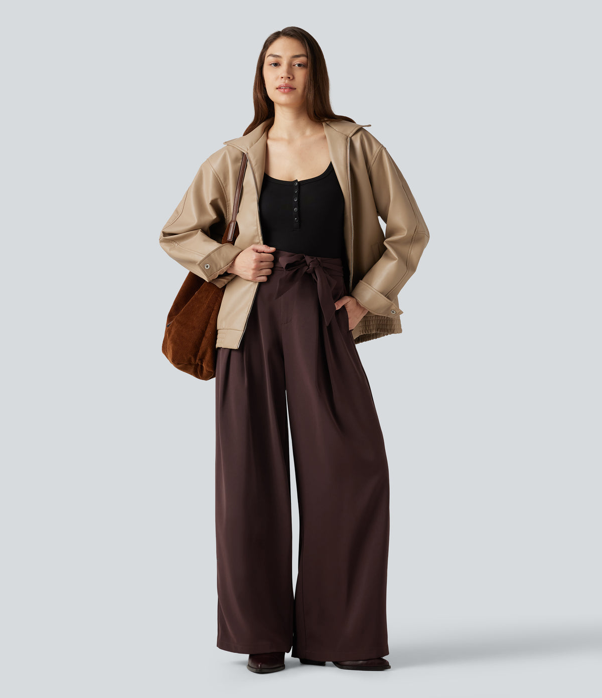 High Waisted Belted Wide Leg Baggy Work Trousers with Pockets — Red Mahogany — view 6