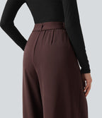High Waisted Belted Wide Leg Baggy Work Trousers with Pockets — Red Mahogany — view 4