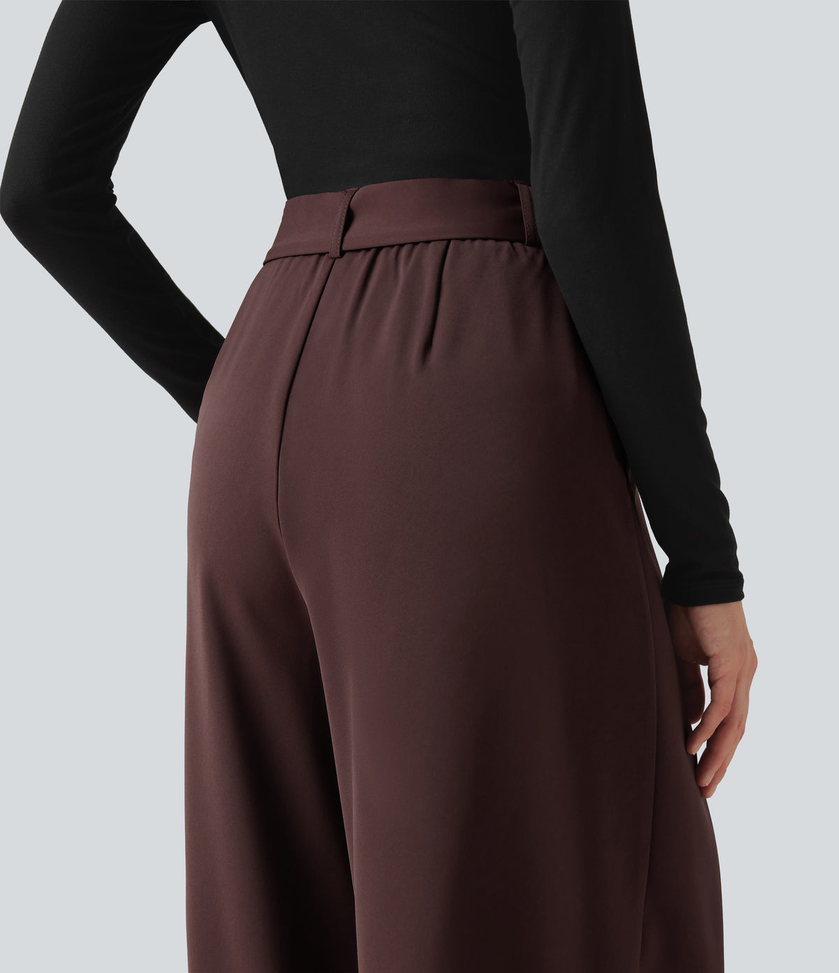 High Waisted Belted Wide Leg Baggy Work Trousers with Pockets — Red Mahogany — view 4