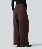 High Waisted Belted Wide Leg Baggy Work Trousers with Pockets — Red Mahogany — view 2