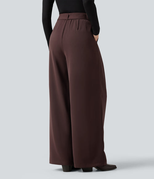 High Waisted Belted Wide Leg Baggy Work Trousers with Pockets — Red Mahogany — view 2
