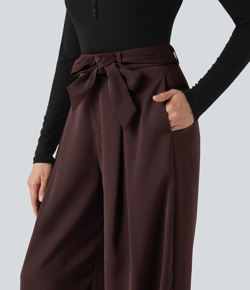 High Waisted Belted Wide Leg Baggy Work Trousers with Pockets — Red Mahogany — view 5