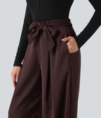 High Waisted Belted Wide Leg Baggy Work Trousers with Pockets — Red Mahogany — view 5