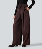High Waisted Belted Wide Leg Baggy Work Trousers with Pockets — Red Mahogany — view 3