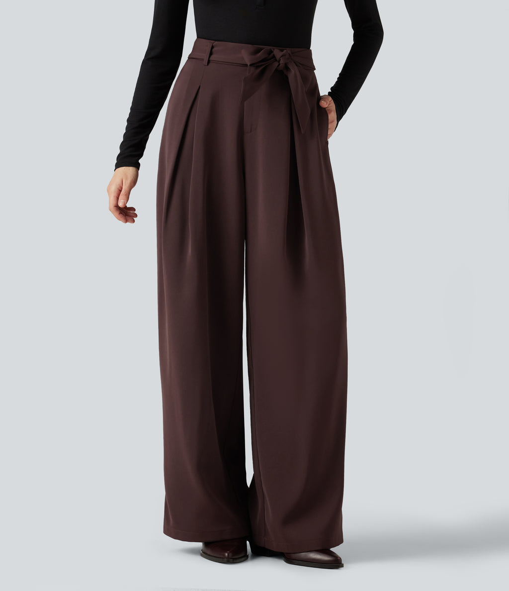 High Waisted Belted Wide Leg Baggy Work Trousers with Pockets — Red Mahogany — view 1