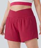 Plus Size Airy Crossover High Waisted 2-in-1 InstantCool Yoga Shorts 5'' with Pockets — Winterberry — view 3