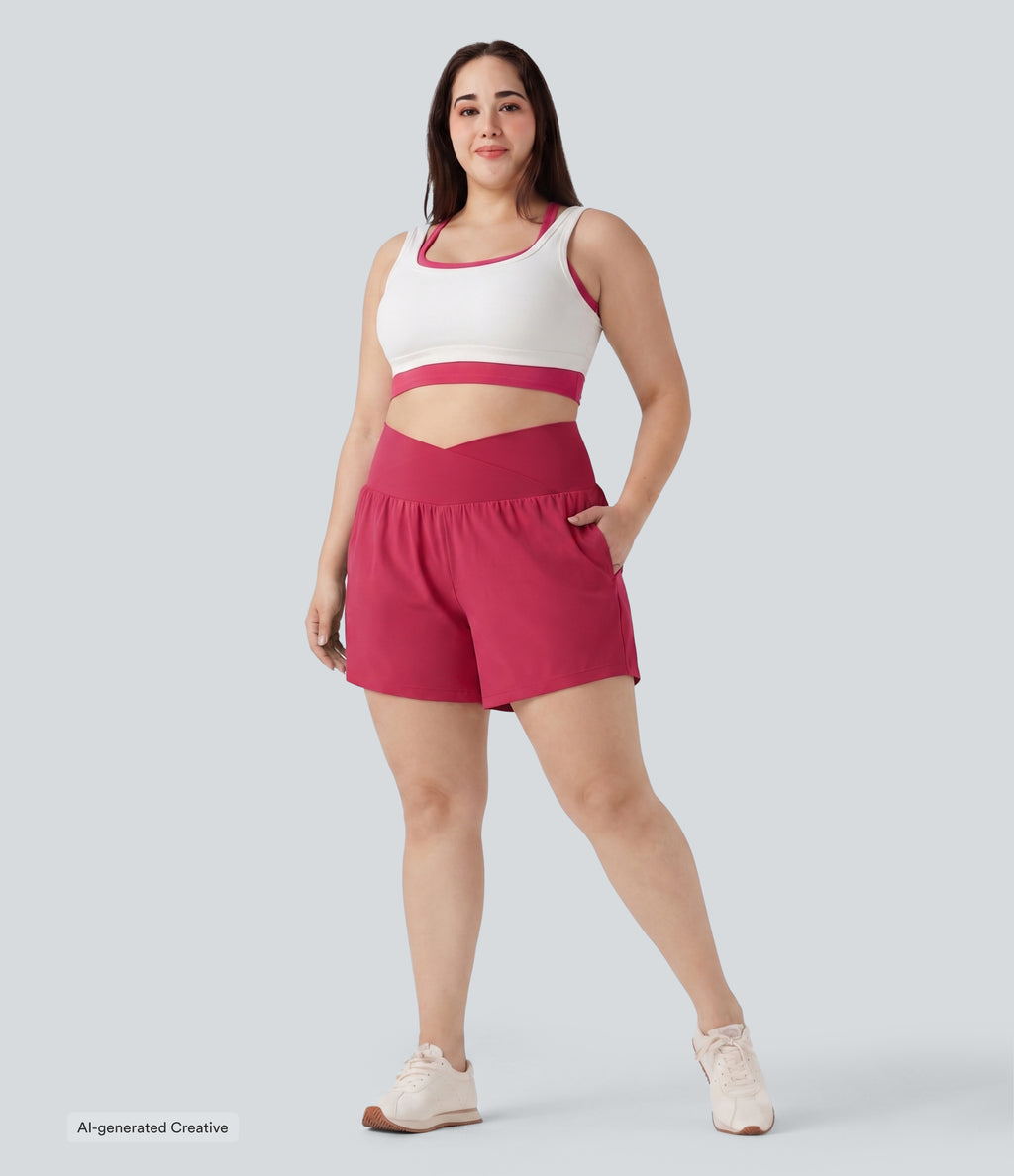 Plus Size Airy Crossover High Waisted 2-in-1 InstantCool Yoga Shorts 5'' with Pockets — Winterberry — view 5