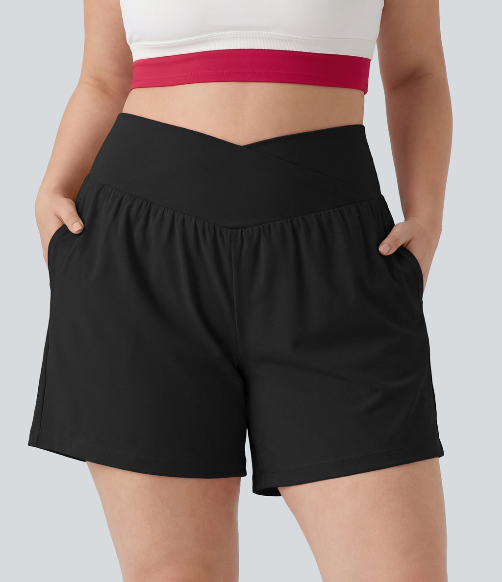 Plus Size Airy Crossover High Waisted 2-in-1 InstantCool Yoga Shorts 5'' with Pockets — Black — view 6