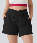 Plus Size Airy Crossover High Waisted 2-in-1 InstantCool Yoga Shorts 5'' with Pockets — Black — view 6