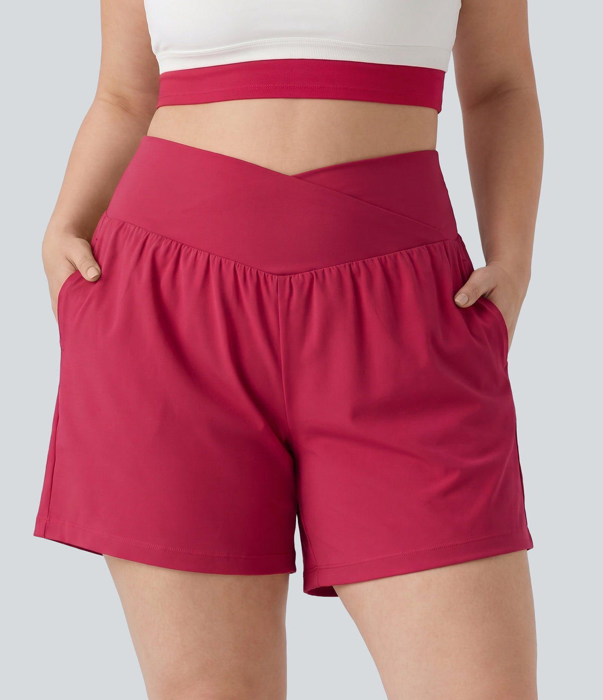 Plus Size Airy Crossover High Waisted 2-in-1 InstantCool Yoga Shorts 5'' with Pockets — Winterberry — view 1