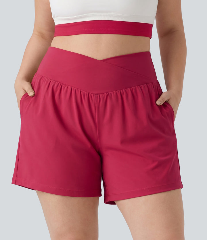 Plus Size Airy Crossover High Waisted 2-in-1 InstantCool Yoga Shorts 5'' with Pockets — Winterberry — view 1