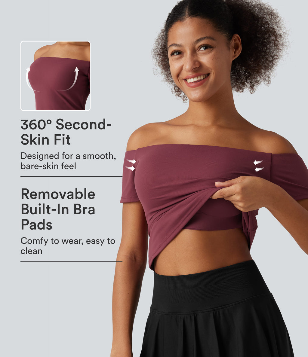 Off Shoulder Short Sleeve Built-in Bra Dance Sports Top B-DD Cups — Deep Wine — view 1